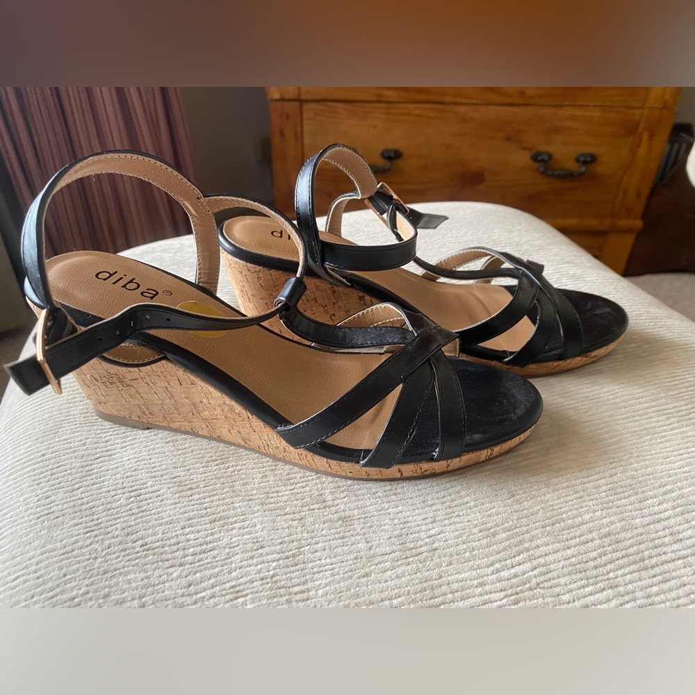 Diba Black and Tan Wedge Sandals